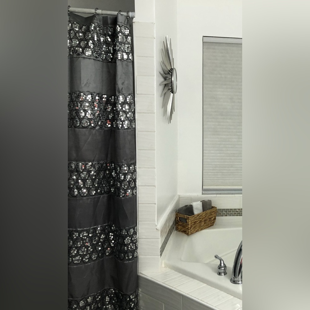 Beautiful dark grey and silver shower curtain with new shower hooks